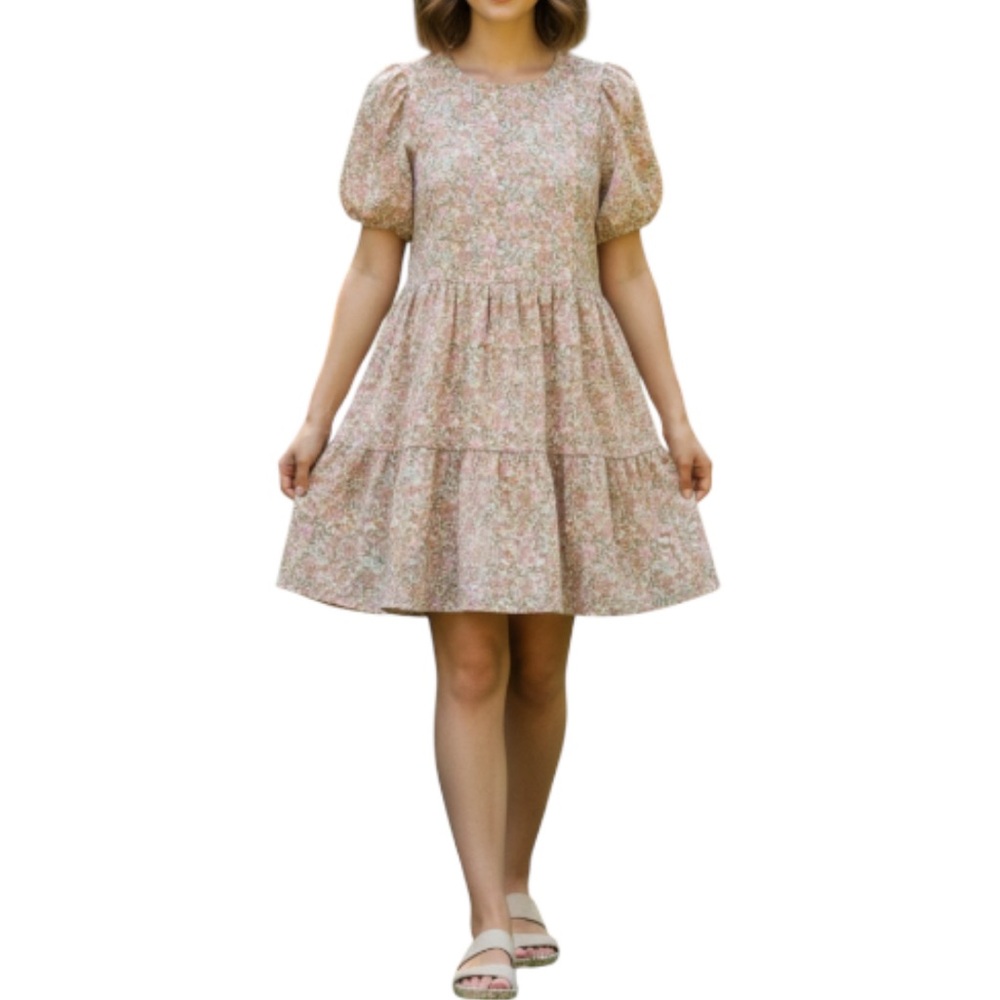 ASOS DESIGN US 10 Pink Floral Puff Sleeve Tiered Smock Mini Dress Textured Knit
